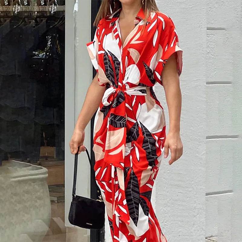 Buy Center Bohemia Shirt Print Dress - Loose Fit, Turn-Down Collar - Buy Center UK
