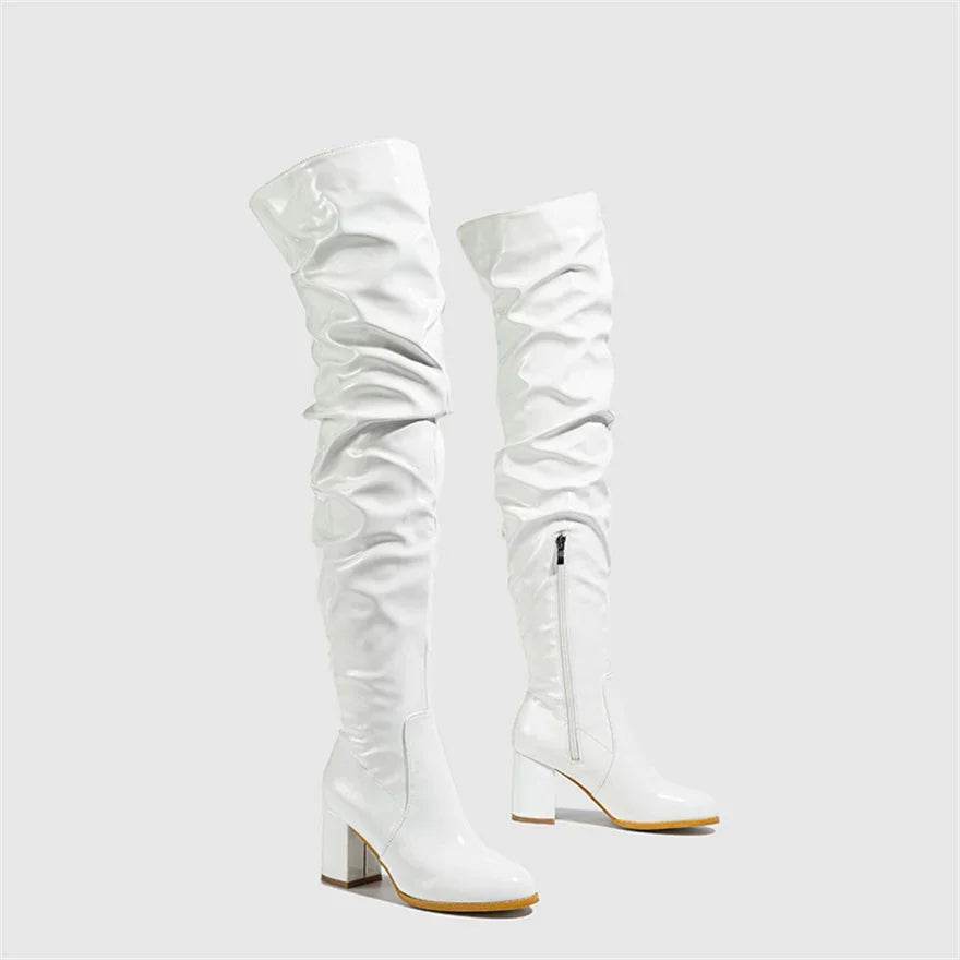 Buy Center Women's Over The Knee Boots - Patent Leather, Square Heel - Buy Center UK