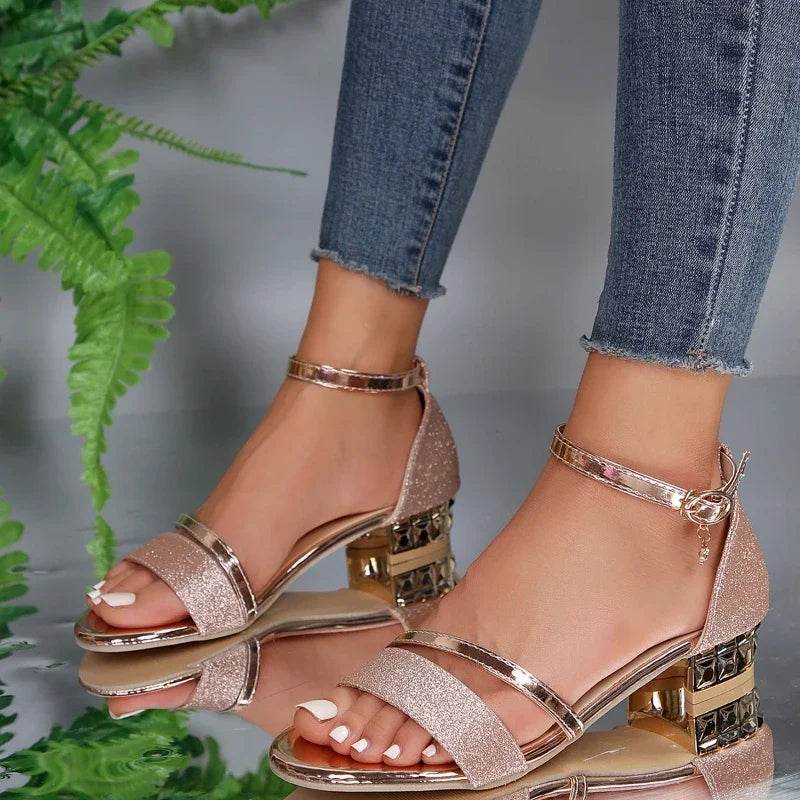 Women's Casual Ankle Strap Sandals - Open Toe Low Heels, Gold - Buy Center UK