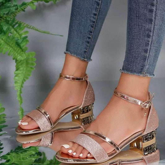 Women's Casual Ankle Strap Sandals - Open Toe Low Heels, Gold - Buy Center UK