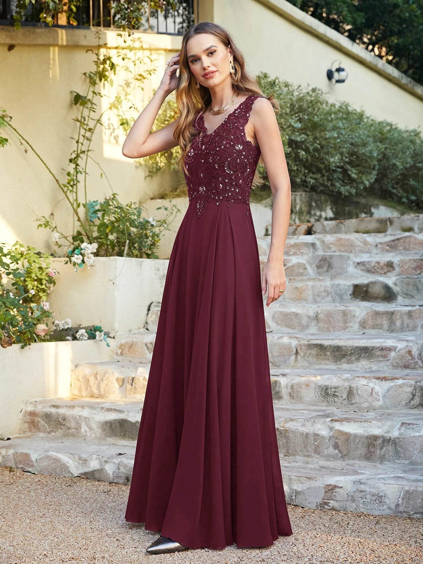 Elegant Navy Blue Chiffon Beaded Evening Dress - V-Neck Sleeveless Gown - Buy Center UK