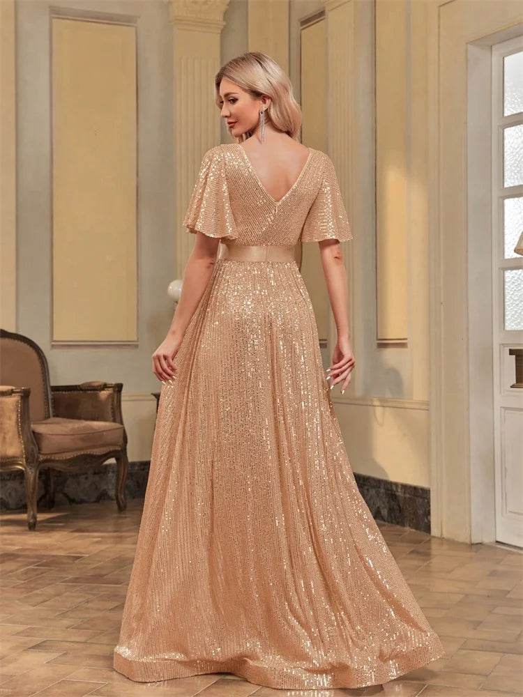 Luxury V Neck Evening Dress 2024 - Sequin A-Line Gown for Women - Buy Center UK