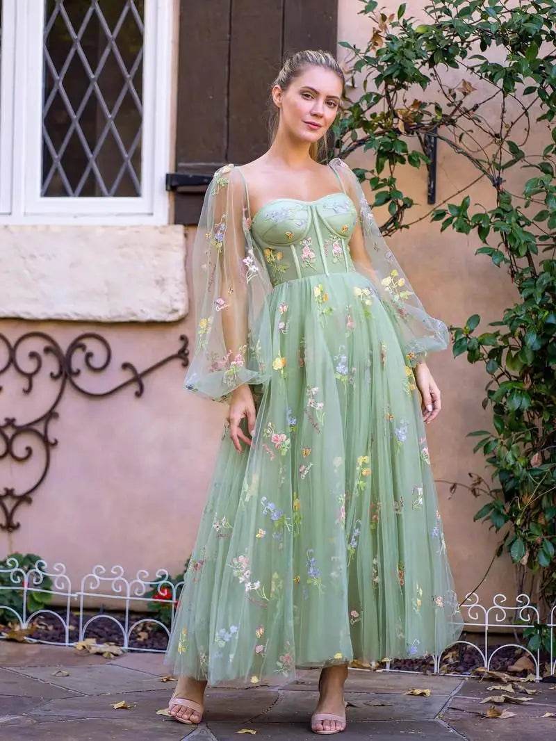 BABYONLINE Romantic Embroidered Bridesmaid Dress - Elegant Tea-Length Tulle Gown - Buy Center UK