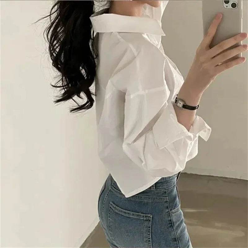 Buy Center Women's Casual White Crop Blouse - Long Sleeve, Trendy Style - Buy Center UK