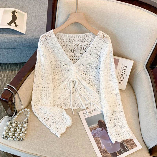 Buy Center Drawstring Front Pointelle Knit Crop Sweater for Women - Buy Center UK