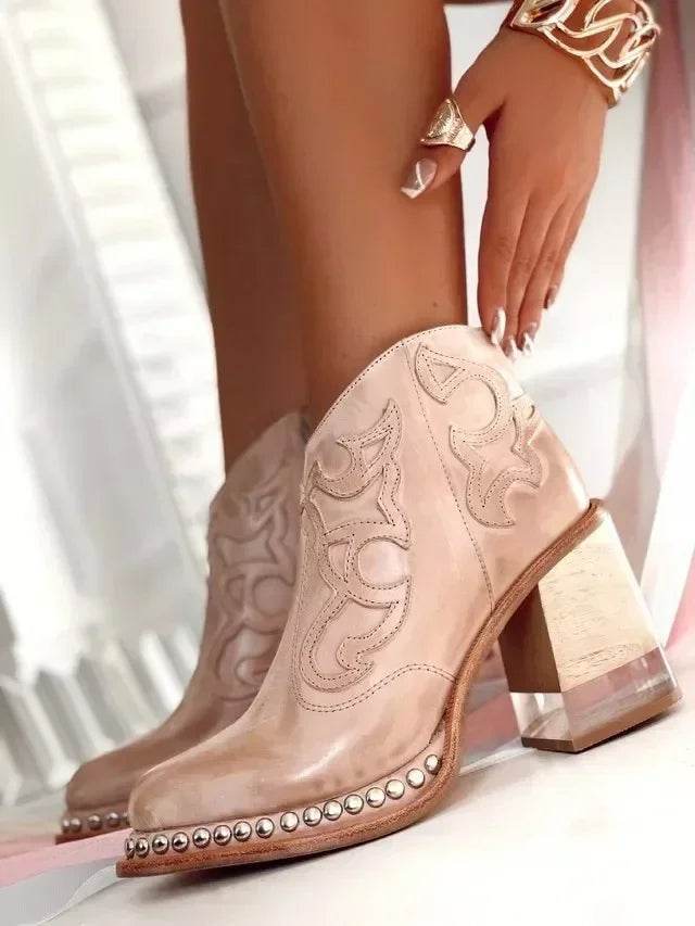 Buy Center Women's Ankle Boots - Leather, Low Heel, Embroidered Design - Buy Center UK