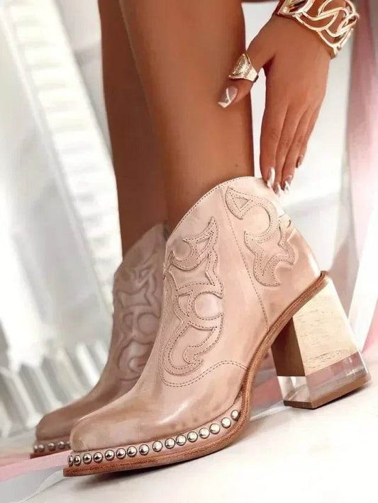 Buy Center Women's Ankle Boots - Leather, Low Heel, Embroidered Design - Buy Center UK