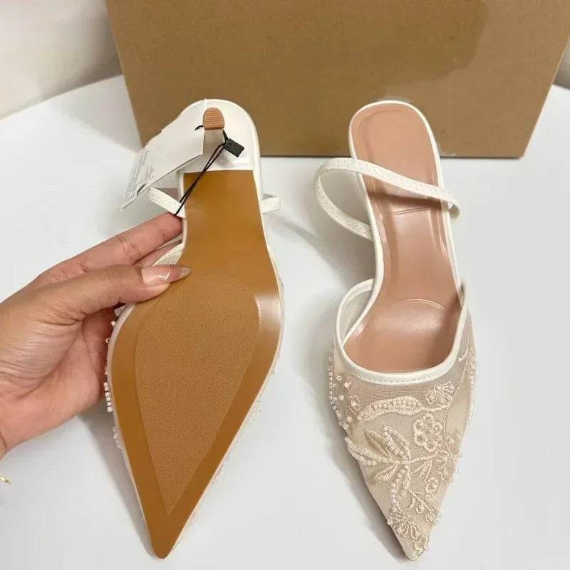 Elegant White Slingback Wedding Pumps - Embroidered Design for Women - Buy Center UK