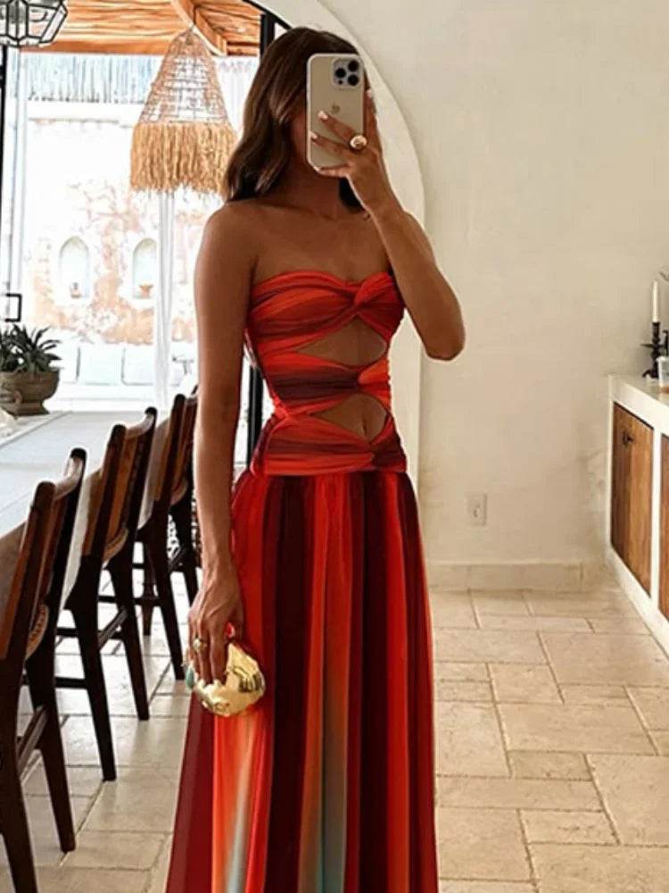 Buy Center Gradient Print Maxi Dress - Sexy Strapless Backless Style - Buy Center UK