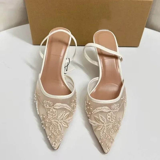 Elegant White Slingback Wedding Pumps - Embroidered Design for Women - Buy Center UK