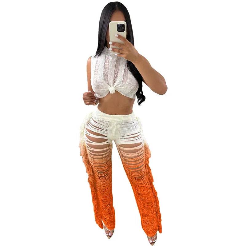 Gradient Color Crochet Two Piece Set - Summer Crop Top & Wide Leg Pants - Buy Center UK