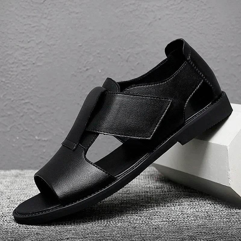 MCDV Men's Genuine Leather Roman Sandals - Casual Slip-On Beach Slippers - Buy Center UK