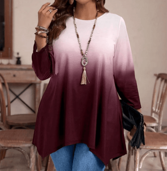Buy Center Plus Size Gradient T-Shirt - Casual Round Neck Long Sleeve - Buy Center UK