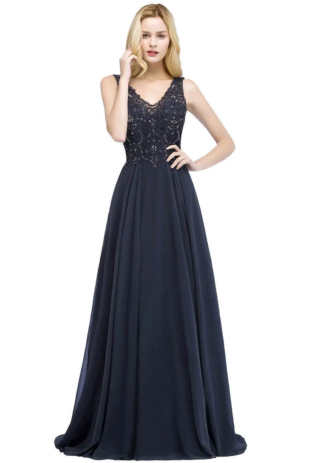 Elegant Navy Blue Chiffon Beaded Evening Dress - V-Neck Sleeveless Gown - Buy Center UK