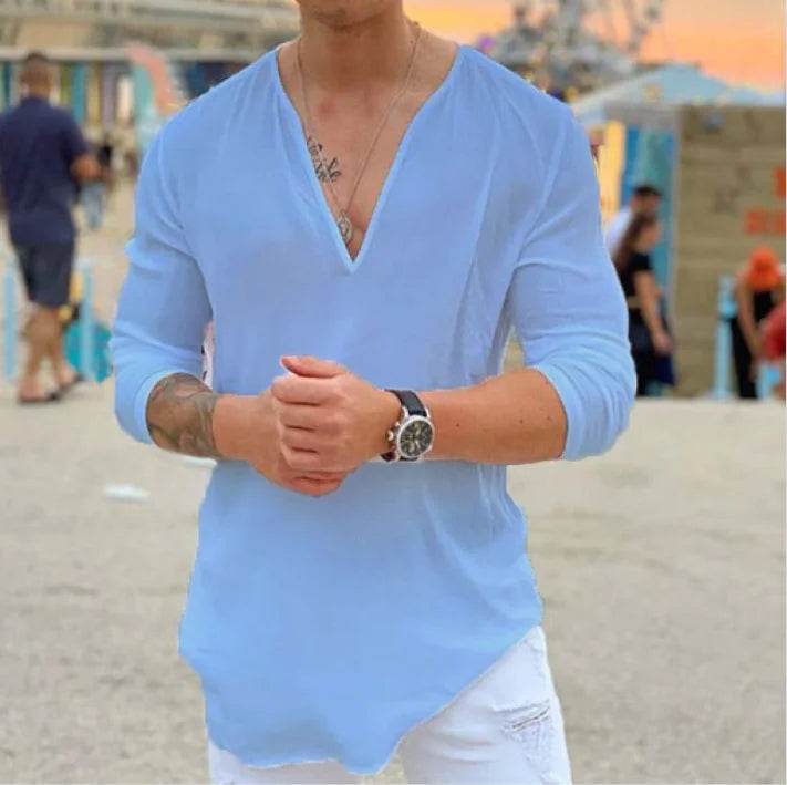 Buy Center V-neck Solid Color Casual Shirt - Stylish for All Seasons - Buy Center UK