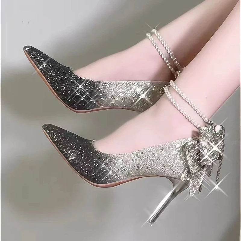 Buy Center Shiny Bowknot Thin Heels - Glamorous Crystal Pumps - Buy Center UK