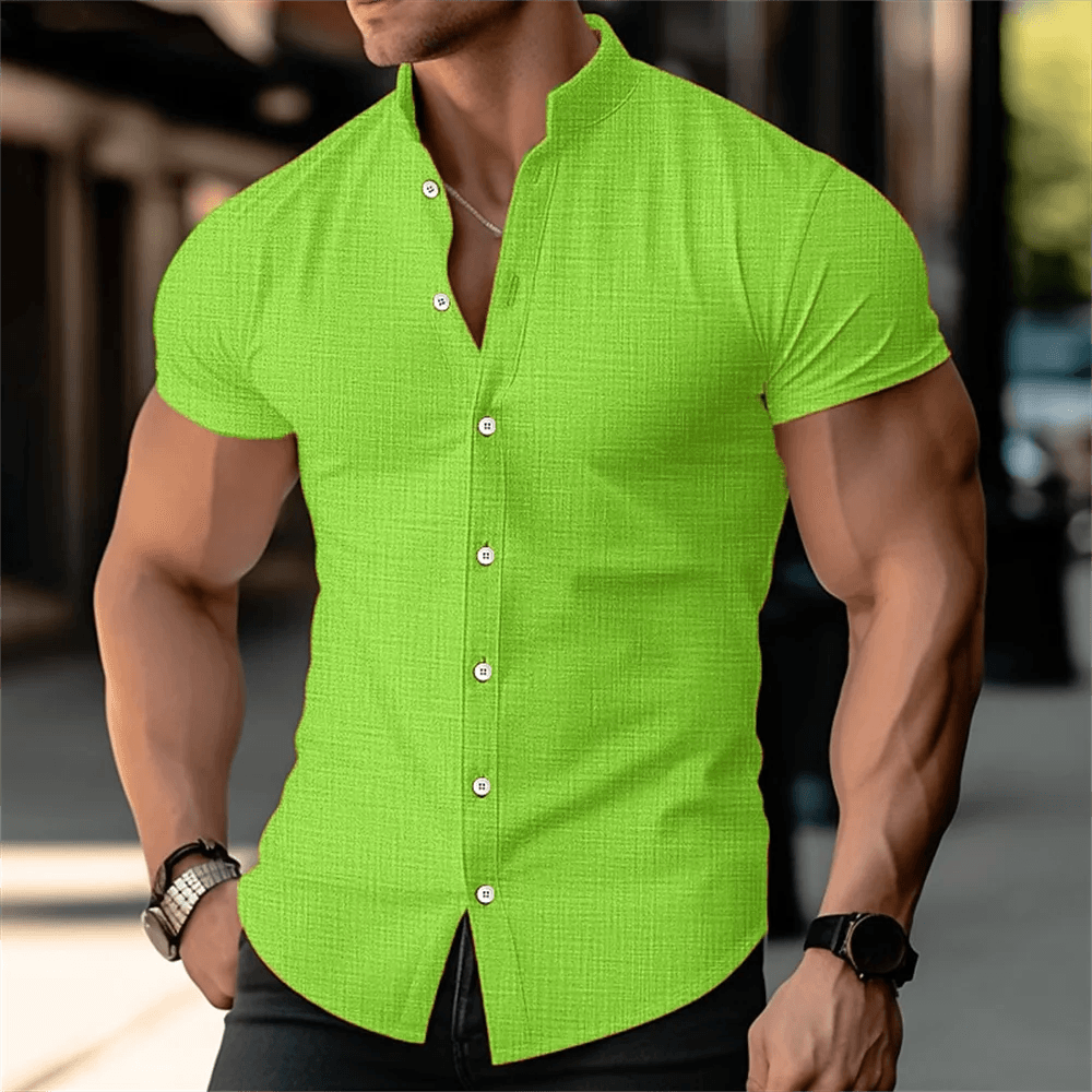 Buy Center Men's Linen Shirt - Stand Up Collar, Short Sleeves, Summer - Buy Center UK