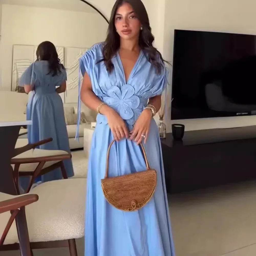 Buy Center Blue V-Neck Waist-Fitted Long Dress - Elegant & Stylish - Buy Center UK