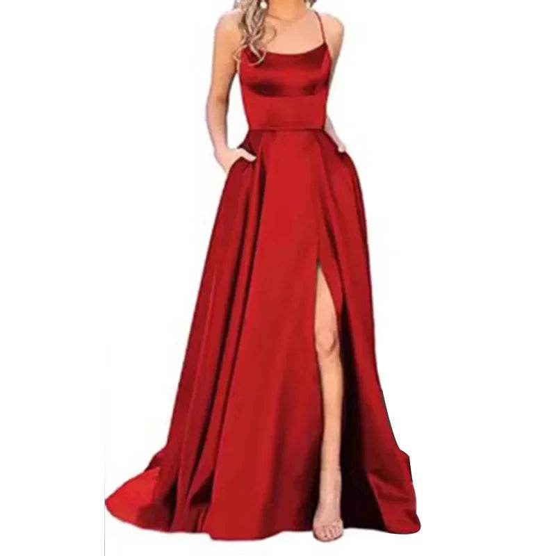 Buy Center Long Backless Satin Dress - Sexy Side Slit Evening Gown - Buy Center UK
