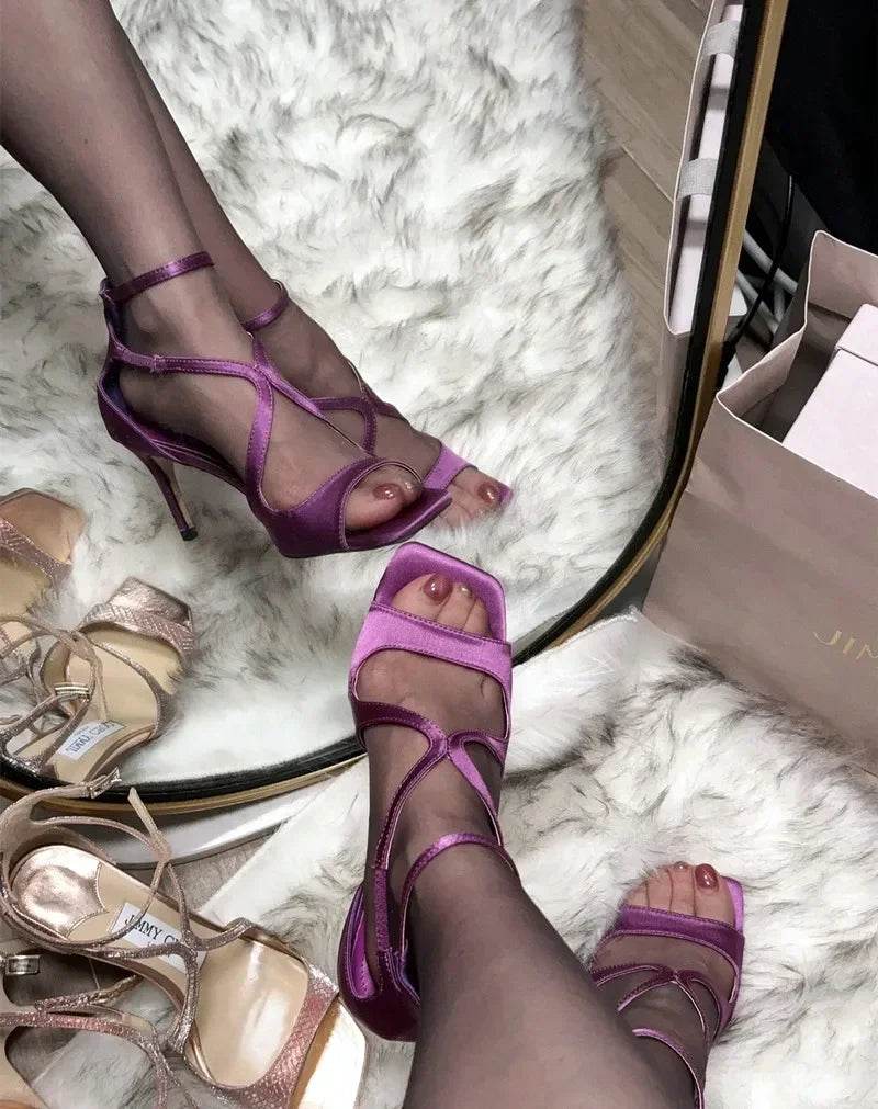Elegant Purple High Heels - Luxury Satin Cross Strap Design - Buy Center UK