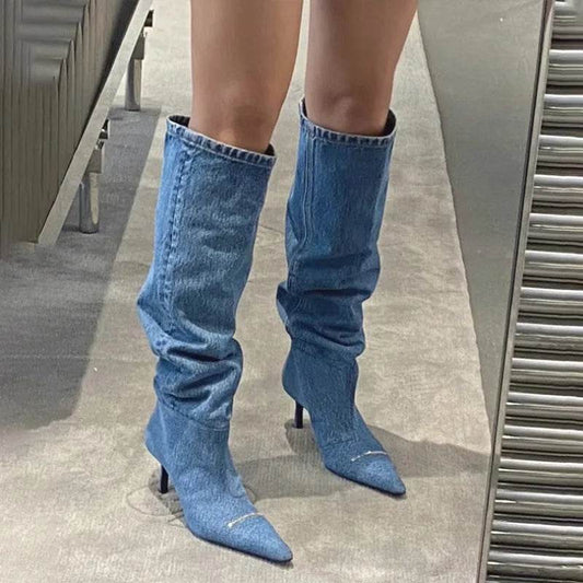 Wind Pointed Folded Pile Boots - Stiletto High Heels for All Seasons - Buy Center UK
