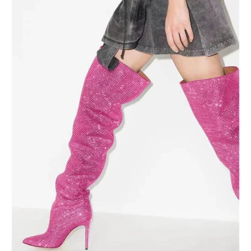 Buy Center Knee-Length Rhinestone Boots - Sexy Slim High Heels - Buy Center UK