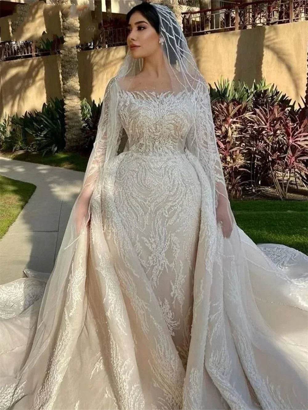 Customized Long Sleeve Wedding Gown - Mermaid & Beaded Elegance - Buy Center UK