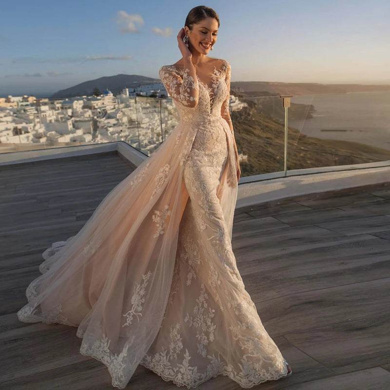 Gorgeous 2-in-1 Wedding Dress - Embroidered Lace & Detachable Train - Buy Center UK