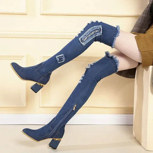 Women's Over The Knee Denim Boots - Pointed Toe High Heels - Buy Center UK