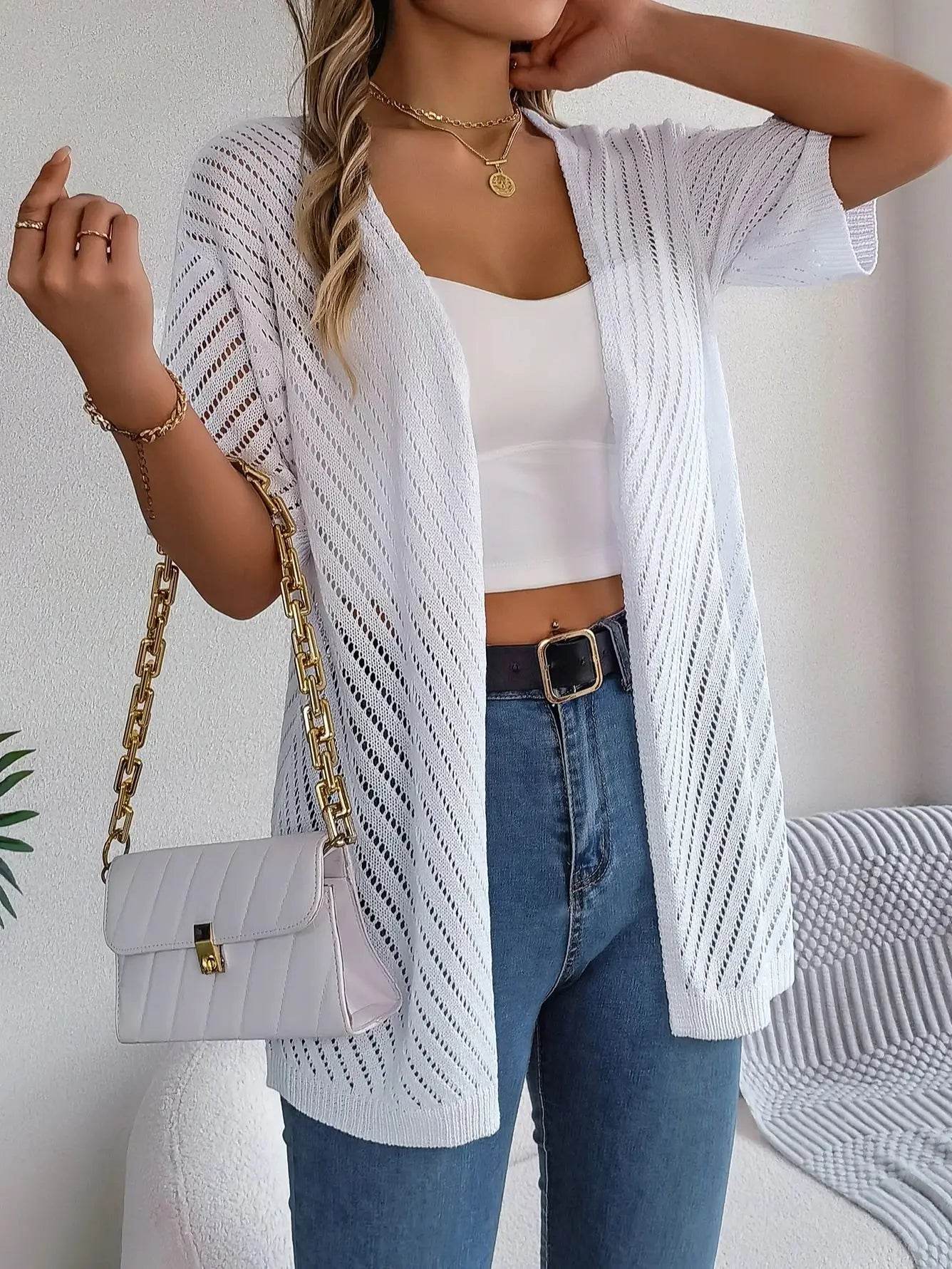 Buy Center Women's Casual Short Sleeve Knitted Cardigan - Lightweight Hollow Out - Buy Center UK