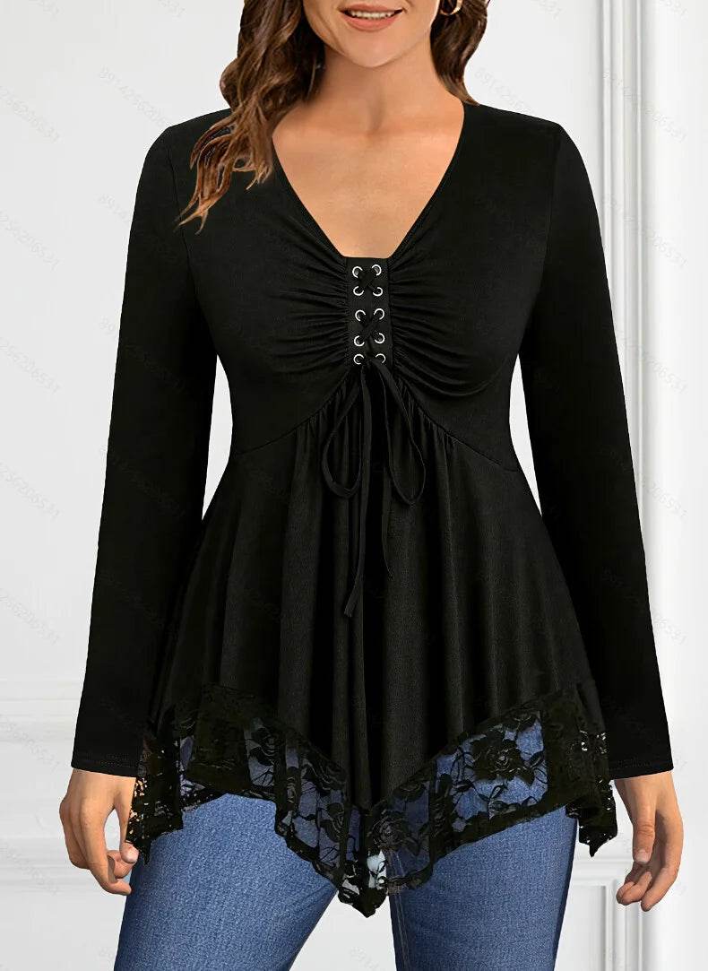 Buy Center Women’s Long Sleeve T-Shirt - Black Lace-Up V-Neck Top - Buy Center UK