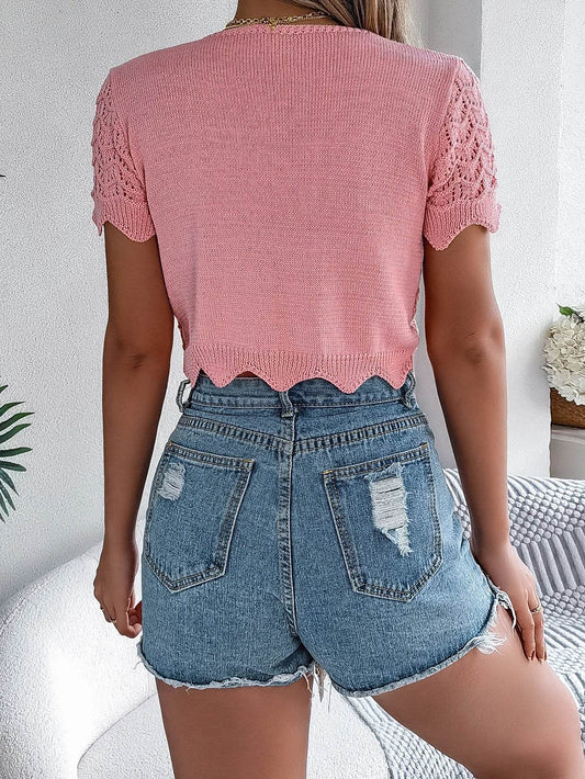 Buy Center Women's Hollow Lace-up Cardigan - Summer Short Sleeve Knitwear - Buy Center UK