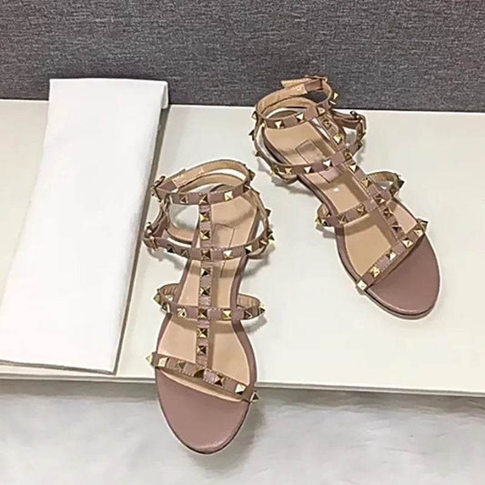 Women’s Gold Rivets Sandals - Soft Leather Flats in Purple Red - Buy Center UK