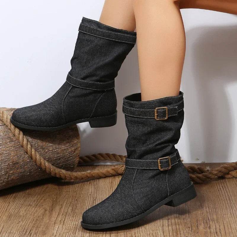 Buy Center Women's Mid Calf Denim Boots - Comfortable Round Toe Design - Buy Center UK