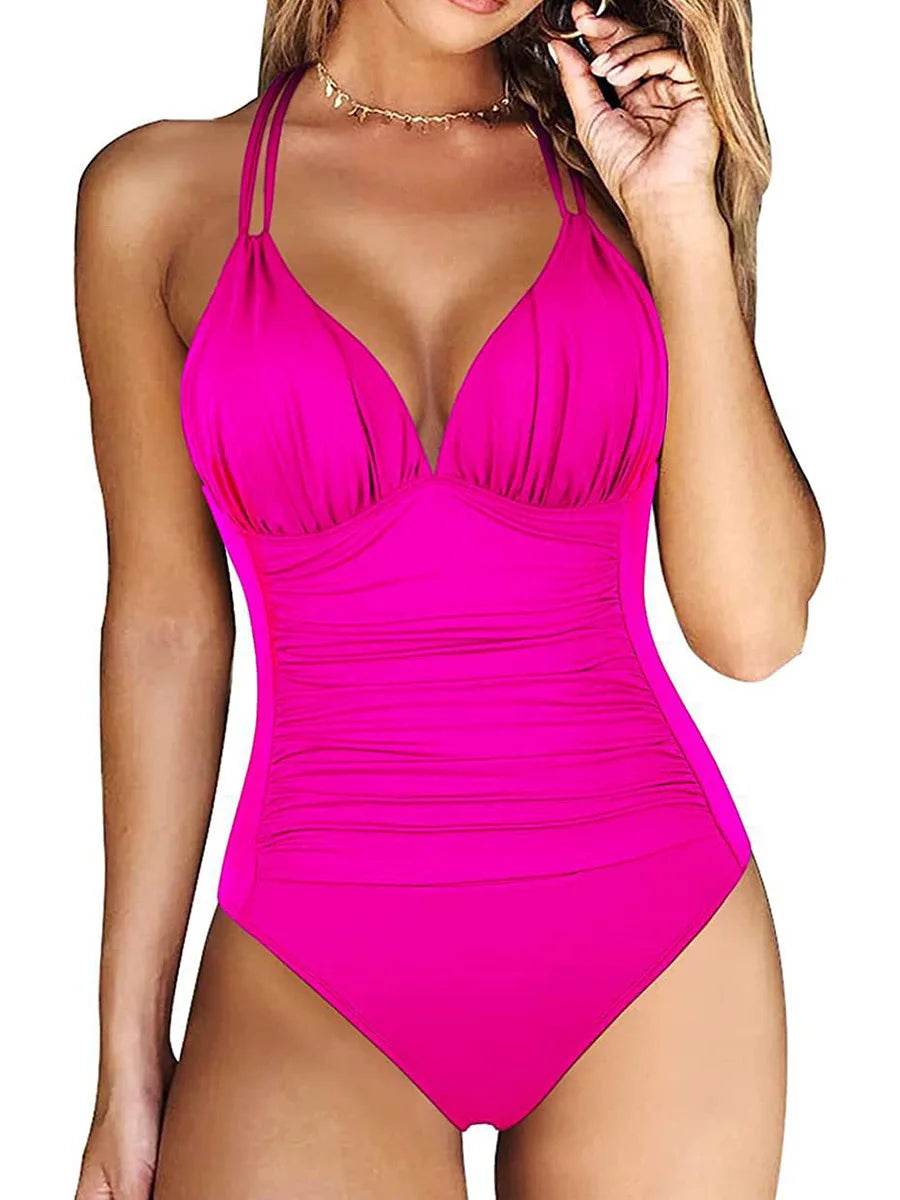 Ruched One Piece Swimsuit for Women - Elegant Backless Design - Buy Center UK