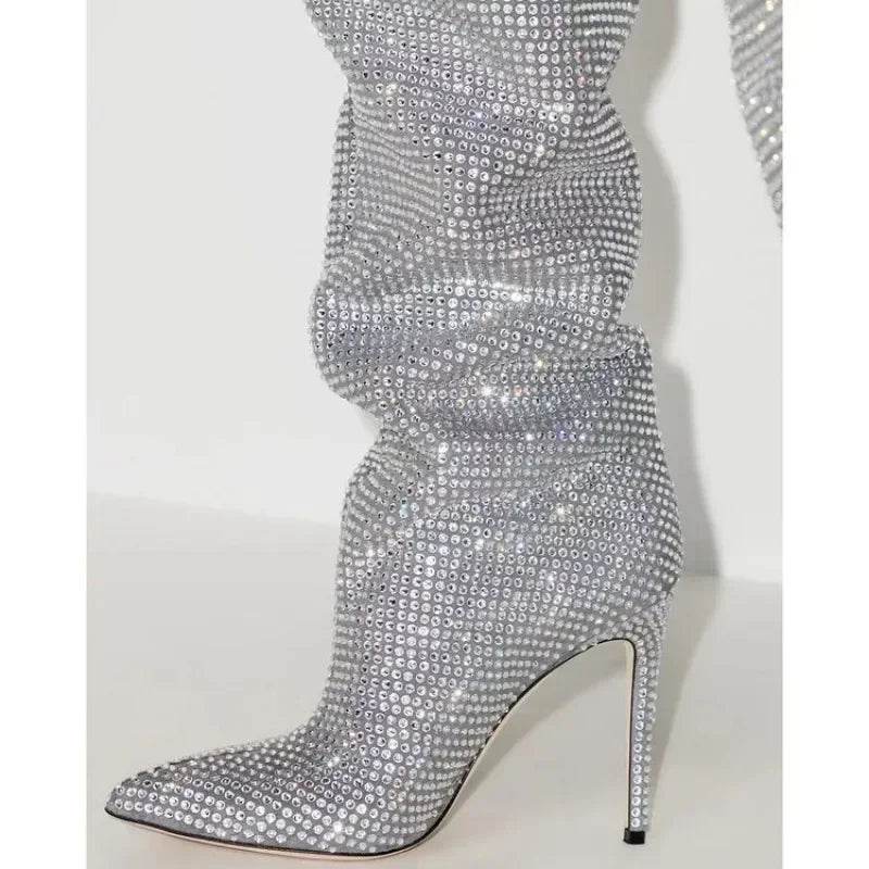 Buy Center Knee-Length Rhinestone Boots - Sexy Slim High Heels - Buy Center UK