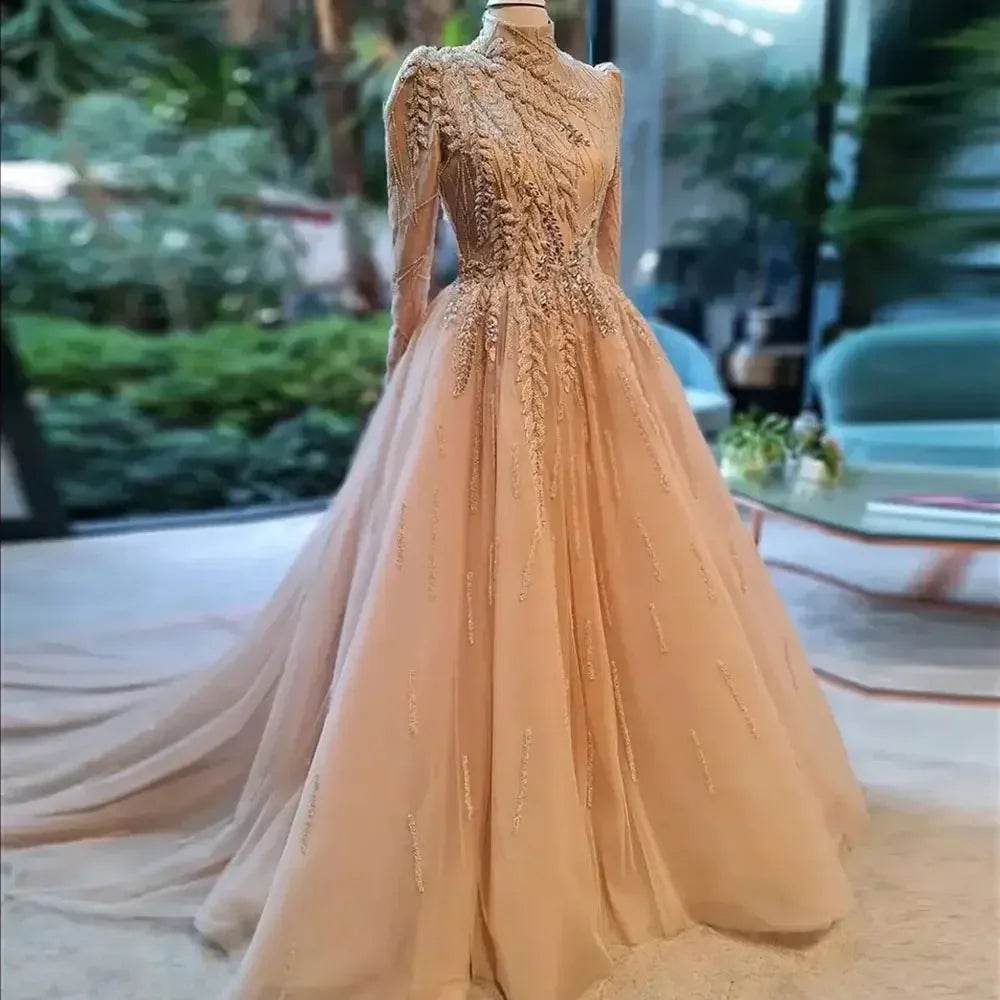 Elegant Dubai Muslim Prom Dress - High Neck Lace Applique Gown - Buy Center UK