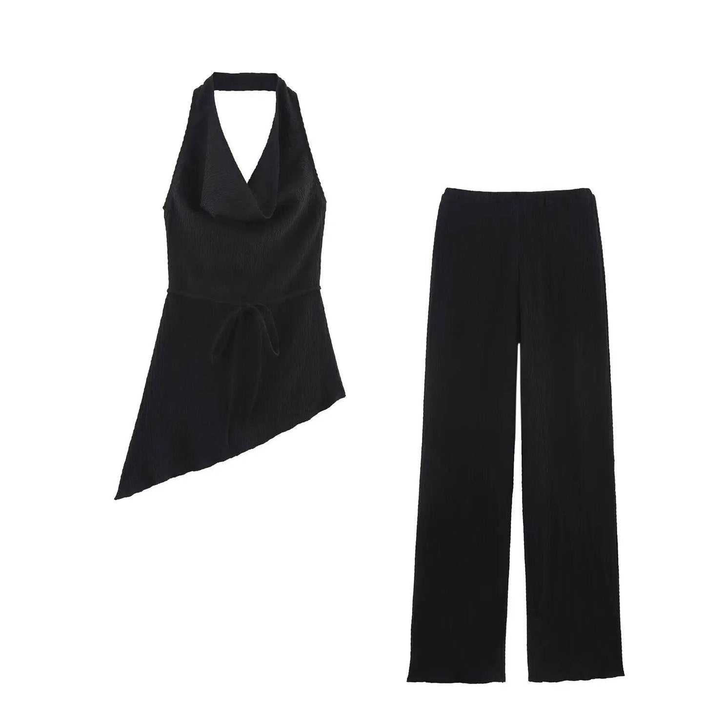 TFMLN Women Pant Sets - Asymmetrical Hem Lace-Up Top & Straight Pants - Buy Center UK