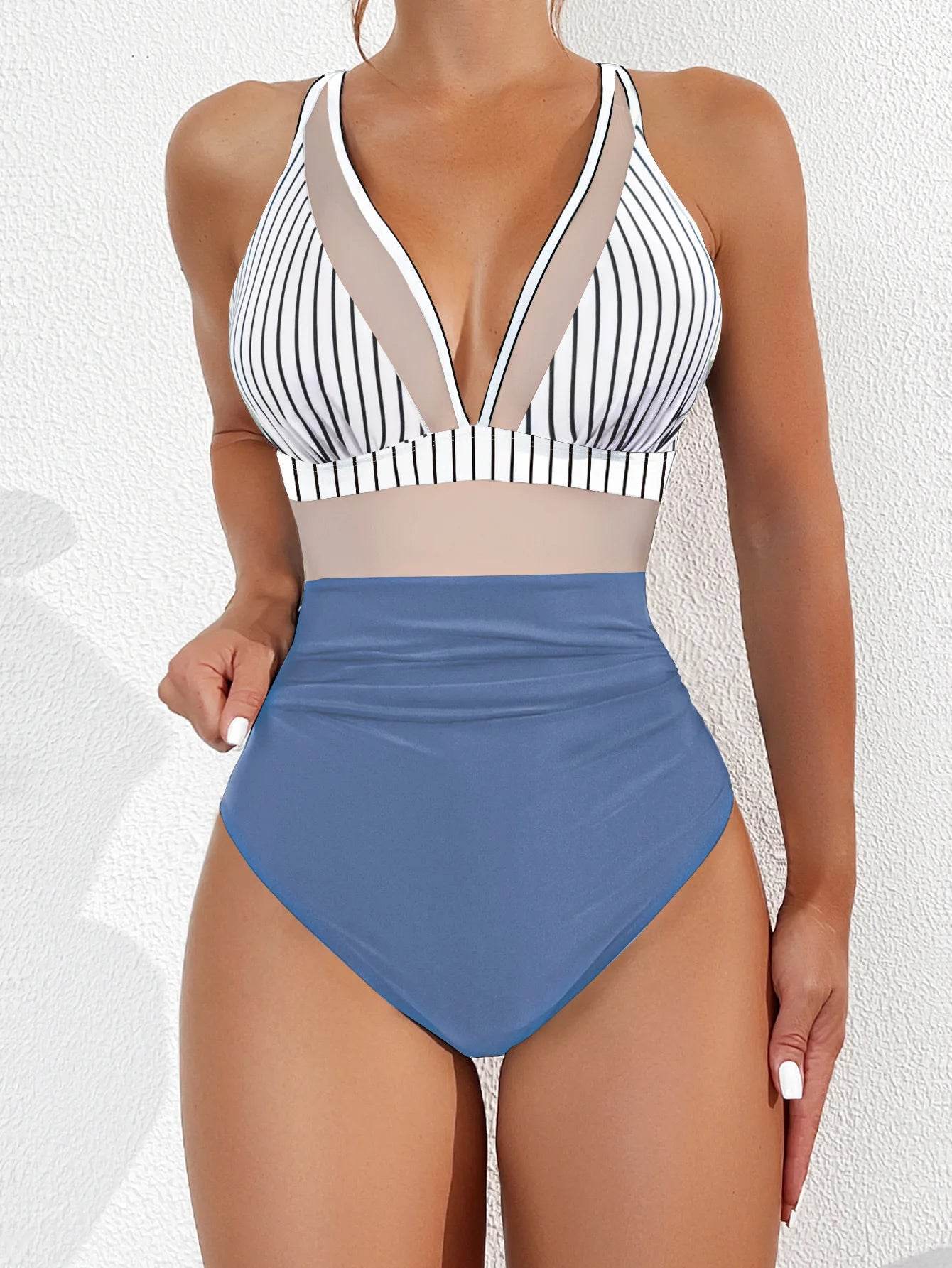 2025 Solid Mesh Patchwork One Piece Swimwear - Sexy Push-Up Design - Buy Center UK