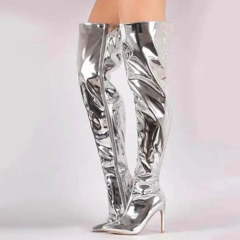 Buy Center Women’s Pointy Toe Over the Knee Boots - Silver Punk Heels - Buy Center UK