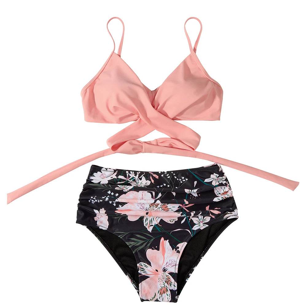 Buy Center High Waist Floral Bikini Set - V-Neck Two Piece - Buy Center UK