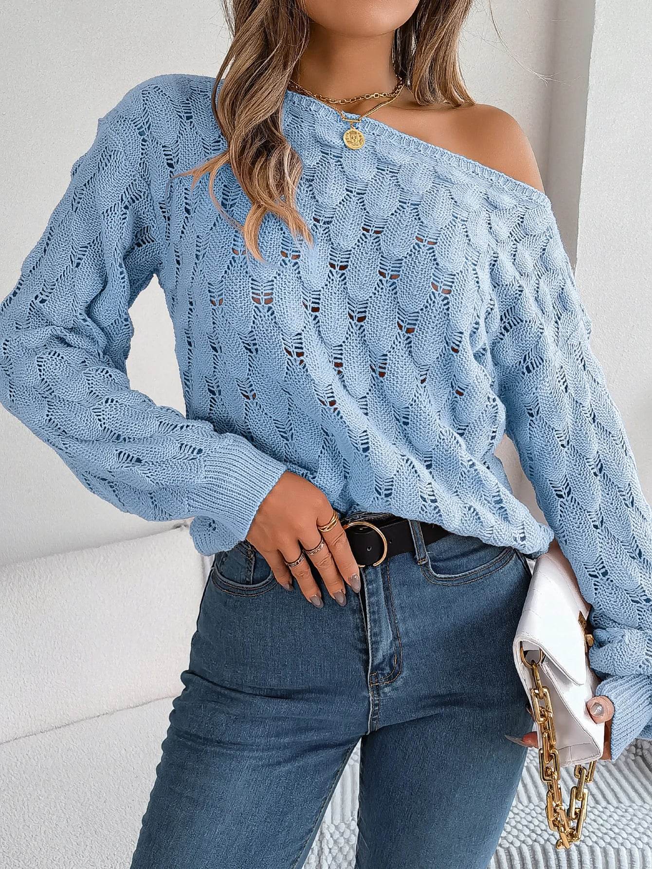 Buy Center Off Shoulder Hollow Out Sweater - Trendy Autumn Pink Top - Buy Center UK