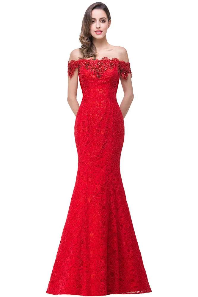 Charming Red Mermaid Bridesmaid Dress - Off-Shoulder Beading Lace - Buy Center UK