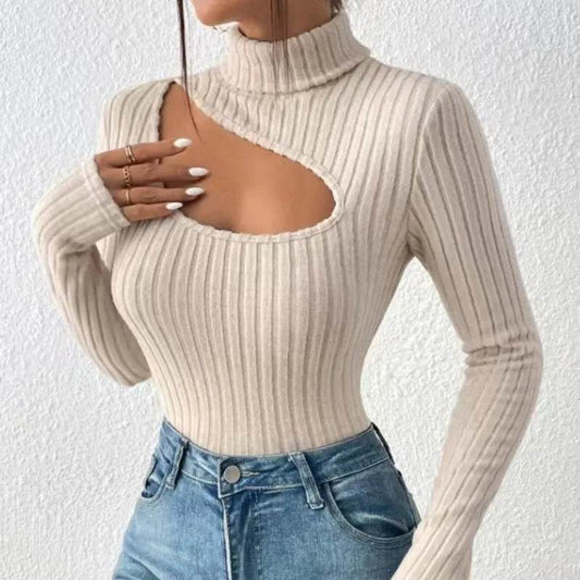 Buy Center Slim Fit Long Sleeve T-shirt - Sexy Hollow Turtleneck Top - Buy Center UK