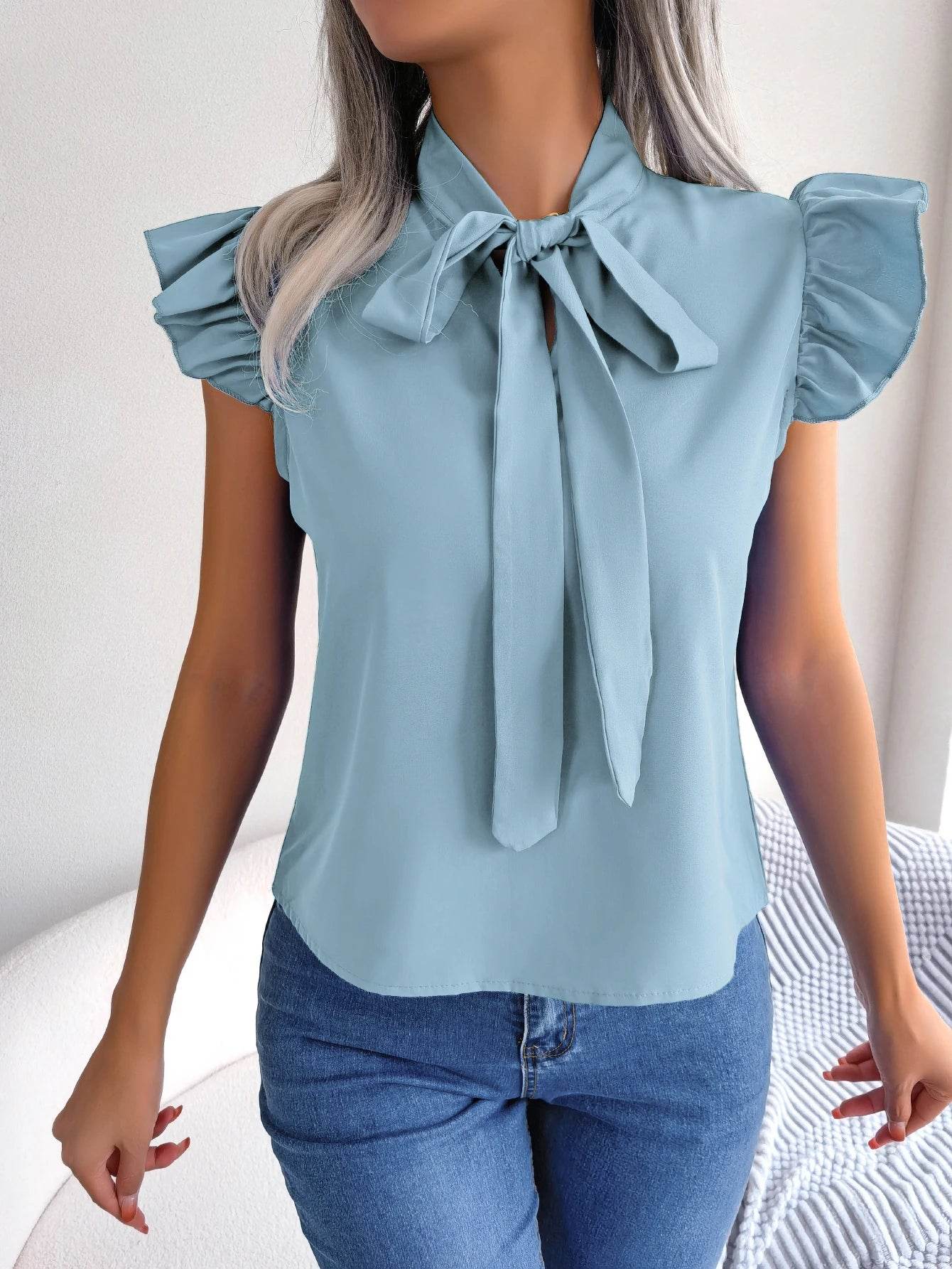 Buy Center Women’s Summer Chiffon Blouse - Bow Ruffle Short Sleeve - Buy Center UK