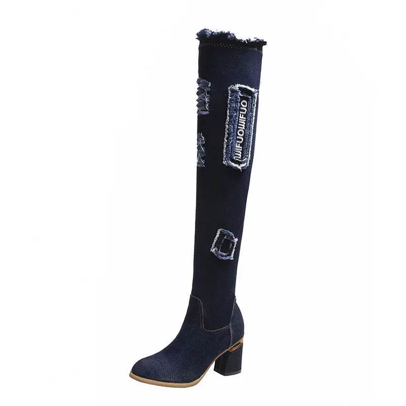 Women's Over The Knee Denim Boots - Pointed Toe High Heels - Buy Center UK