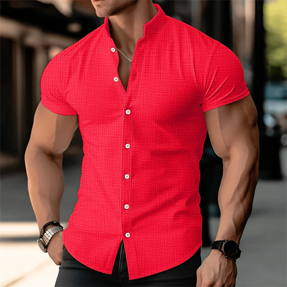 Buy Center Men's Linen Shirt - Stand Up Collar, Short Sleeves, Summer - Buy Center UK