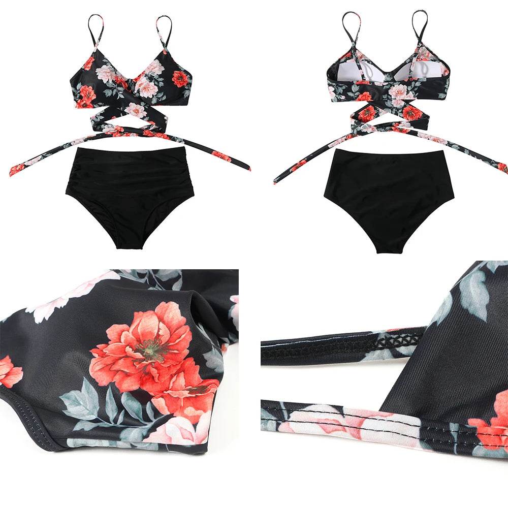 Buy Center High Waist Floral Bikini Set - V-Neck Two Piece - Buy Center UK