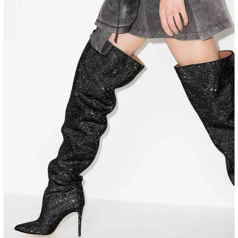 Buy Center Knee-Length Rhinestone Boots - Sexy Slim High Heels - Buy Center UK