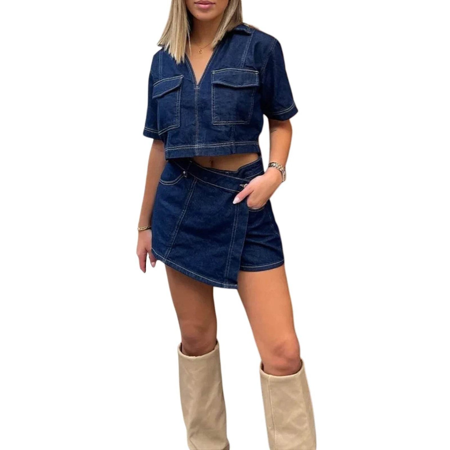 Women's 2 Piece Denim Outfit - Cropped Top & High Waist Shorts - Buy Center UK